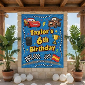 ディズニー・カーズの誕生日タペストリー（パーソナライズ可能）、カスタムカーズの誕生日背景幕、ライトニング・マックィーンの誕生日バナー、ディズニー・ピクサーの壁掛け背景幕 画像 3