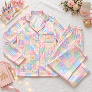 Retro Castle Mouse House Inspired Satin Pajamas Set, Pastel Princess Patchwork PJs, Magical Fairytale Sleepwear, Cute Gift for Women