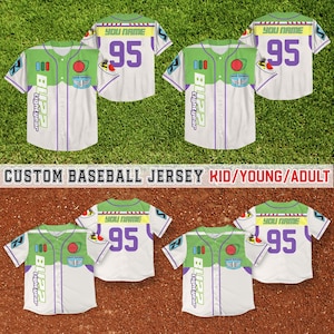 May include: Baseball jerseys with a Buzz Lightyear theme. The jerseys are white with green and purple accents, featuring the number 95 and the text "YOU NAME". The jerseys also have the text "Lightyear" and "Space Rangers". The image also includes the text "CUSTOM BASEBALL JERSEY KID/YOUNG/ADULT".
