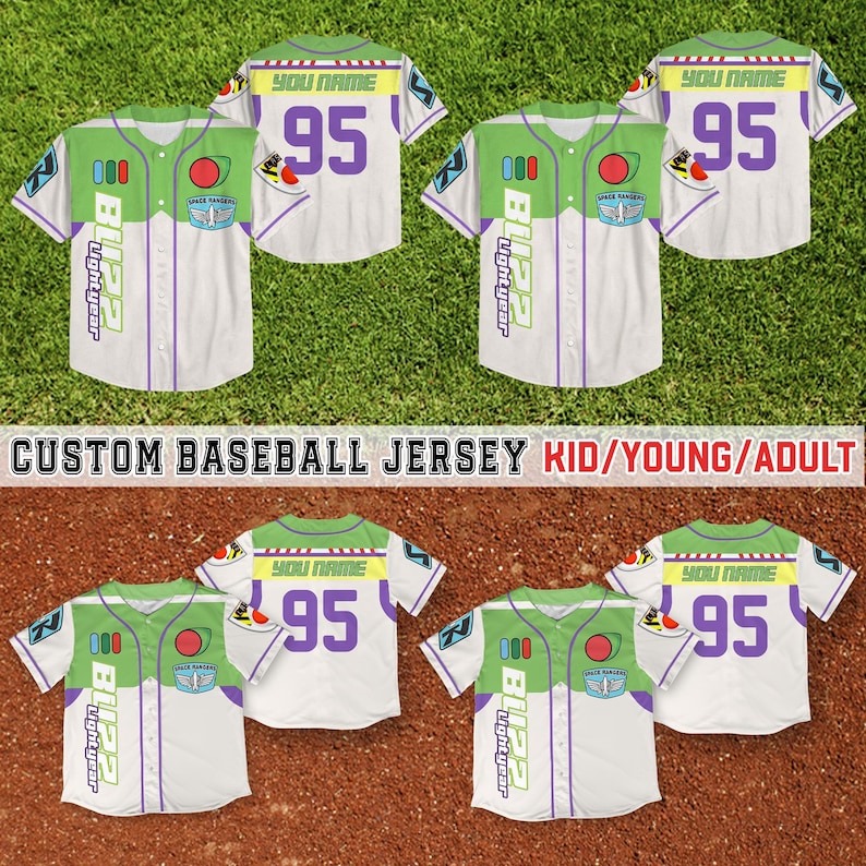 May include: Baseball jerseys with a Buzz Lightyear theme. The jerseys are white with green and purple accents, featuring the number 95 and the text "YOU NAME". The jerseys also have the text "Lightyear" and "Space Rangers". The image also includes the text "CUSTOM BASEBALL JERSEY KID/YOUNG/ADULT".