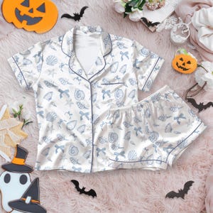 Ocean Life Satin Pajamas Set, Sea Shells and Ocean Satin Pajamas, Nautical Sleepwear for Women, Blue Shell Print Matching pajamas Set image 4