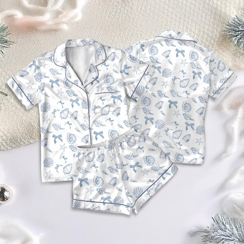 Ocean Life Satin Pajamas Set, Sea Shells and Ocean Satin Pajamas, Nautical Sleepwear for Women, Blue Shell Print Matching pajamas Set image 1