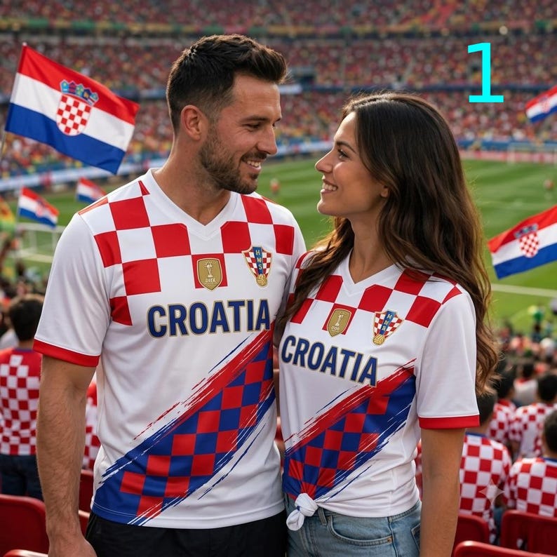 K&ouml;nnte beinhalten: Zwei wei&szlig;e kurz&auml;rmelige Trikots mit einem rot-wei&szlig;en Karomuster auf der oberen Brust und den Schultern, dem Wort CROATIA in blauen Buchstaben und einer diagonalen rot-blauen Karografik auf der unteren Vorderseite, getragen in einem Stadion.