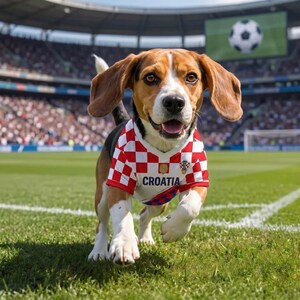 K&ouml;nnte beinhalten: Ein Beagle mit braunem, schwarzem und wei&szlig;em Fell tr&auml;gt ein rot-wei&szlig; kariertes Trikot mit dem Wort CROATIA auf der Vorderseite. Der Hund steht auf einem gr&uuml;nen Fu&szlig;ballrasen in einem gro&szlig;en Stadion mit einer unscharfen Zuschauermenge.