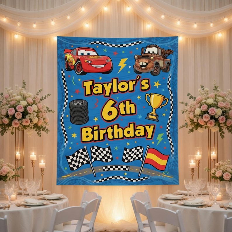 ディズニー・カーズの誕生日タペストリー（パーソナライズ可能）、カスタムカーズの誕生日背景幕、ライトニング・マックィーンの誕生日バナー、ディズニー・ピクサーの壁掛け背景幕 画像 2