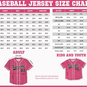 Peut inclure: Tableau des tailles de maillots de baseball avec mesures en centim&egrave;tres et en pouces. Comprend les tailles adultes et jeunes. Pr&eacute;sente un maillot de baseball &agrave; rayures roses et blanches avec le texte "Teamname" et le num&eacute;ro "00".