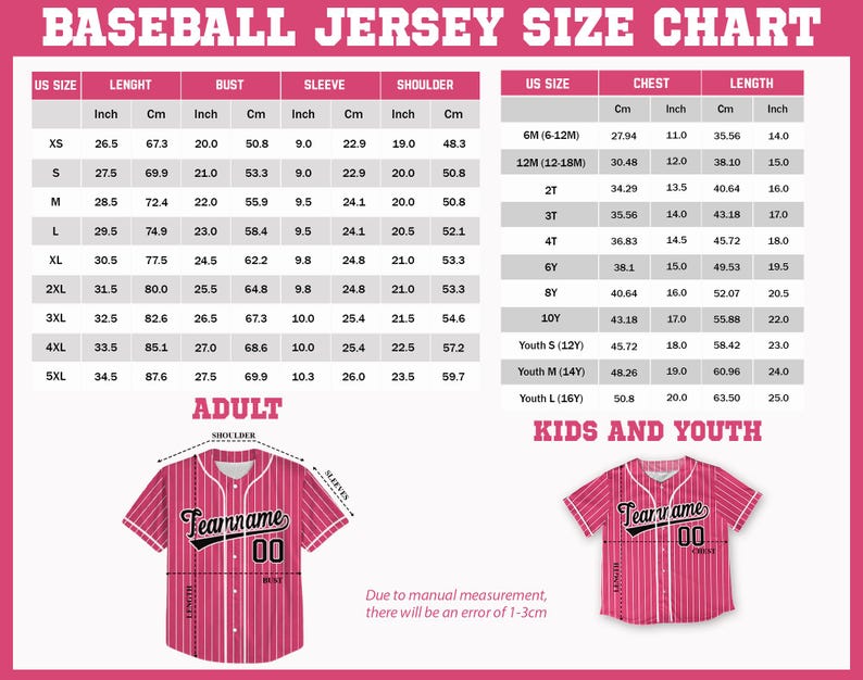 Peut inclure: Tableau des tailles de maillots de baseball avec mesures en centim&egrave;tres et en pouces. Comprend les tailles adultes et jeunes. Pr&eacute;sente un maillot de baseball &agrave; rayures roses et blanches avec le texte "Teamname" et le num&eacute;ro "00".