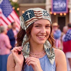 May include: A headscarf featuring a printed design of an American flag with a cross, pine branches, and the text 25 ANNIVERSARY. The fabric is cream-colored with red, white, and blue accents, tied under the chin with two long, pointed ends.