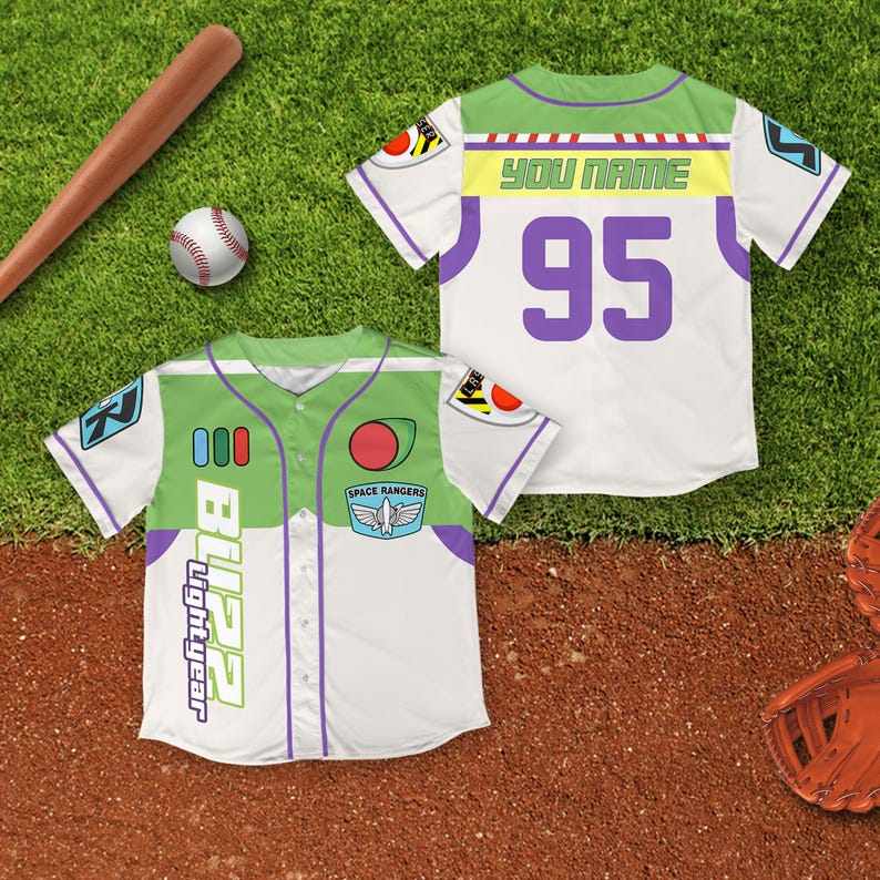 May include: White and green baseball jersey with the text "Blizz Lightyear" and the number 95. The jersey has purple accents and a Space Rangers logo. A baseball bat and ball are in the background.