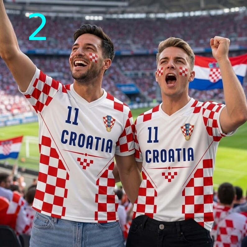 K&ouml;nnte beinhalten: Zwei Personen tragen wei&szlig;e V-Ausschnitt-Trikots mit einem rot-wei&szlig;en Karomuster an den &Auml;rmeln und Seiten. Die Trikots zeigen die Nummer 11, den Schriftzug CROATIA und ein kleines Wappen auf der Brust. Beide haben rot-wei&szlig;es Karomuster im Gesicht.