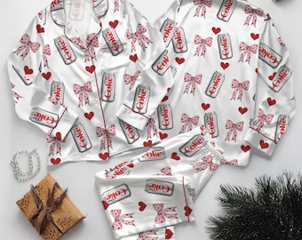 Diet Coke Pajamas Set, Matching Holiday Sleepwear for Women, Diet Coke Lover Gift, Dr Pepper Satin Pajamas, Coquette Diet Pepper Sleepwear