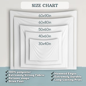 以下が含まれることがあります： 白いタペストリーのサイズチャート。サイズはセンチメートルで、76x102cm、102x152cm、127x152cm、152x203cm、152x228cmが含まれます。特徴：100％ポリエステル、丈夫な生地、形状保持、速乾性、裾上げされたエッジ、耐久性、長持ちするプリント。