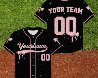 May include: Black baseball jersey with pink glitter accents and the text "Your Team" and "00".