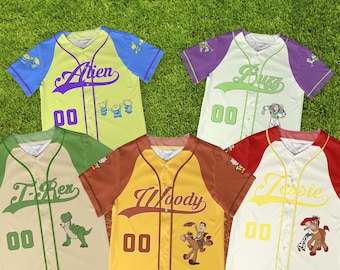 Custom Disney Toy Story Vintage Baseball Jersey Collection, Toy Story Characters Jersey Shirt, Disney Toy Story Woody Buzz Jersey,Rex Jersey
