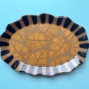 Handmade Yellow Leaf Ceramic Platter: Rustic Modern Stoneware Serving Tray
