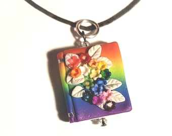 Book Pendant - Library Garden Series - Rainbow Flowers - Mad Dash Studio