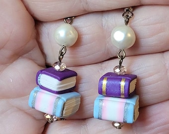 Reader's Library - Book Earrings - Pearl/Purple/Pastel - Mini Stacks -Mad Dash Studio