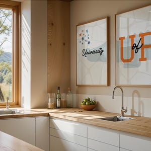 May include: A modern kitchen with white cabinets and a wooden countertop. There is a sink with a chrome faucet and a window with a view of trees. Two framed prints on the wall say "University of" and "University".