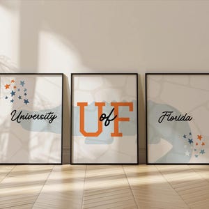 May include: Three framed prints with a light blue and white background. The first print says "University" in black cursive text. The second print says "UF" in orange and black text. The third print says "Florida" in black cursive text.