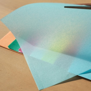 以下が含まれることがあります： 青、緑、オレンジの色合いのカラフルな薄紙の束。一番上の紙は、わずかに虹色の光沢のある薄い青色の薄紙です。