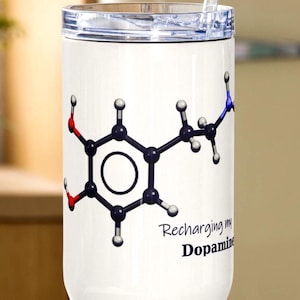 Dopamine Molecule Travel Mug – Science Gift, Coffee Lover Tumbler, Nerdy Commuter Mug, Chemistry-Themed Cup