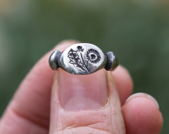 Dandelion Ring, Sterling Silver Ring, Botanical Jewelry, Nature Inspired Signet Ring by Peg and Awl TBC