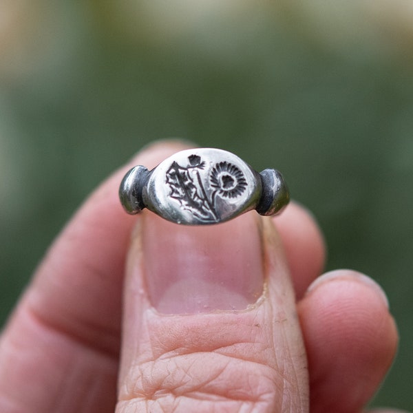Dandelion Ring, Sterling Silver Ring, Botanical Jewelry, Nature Inspired Signet Ring by Peg and Awl TBC