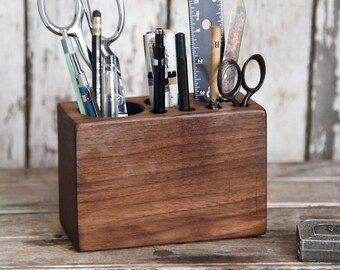 Walnut Desk Caddy Medium, Office Decor, Wood Men Gift, Office Desk Accessory, Pencil Holder, Wooden Tool, Office Supplies, Desk Organizer