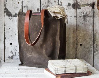 Waxed Canvas Bag, Reusable Grocery Tote, Genderless Shoulder Bag with Leather Handles by Peg and Awl | Marlowe Carryall