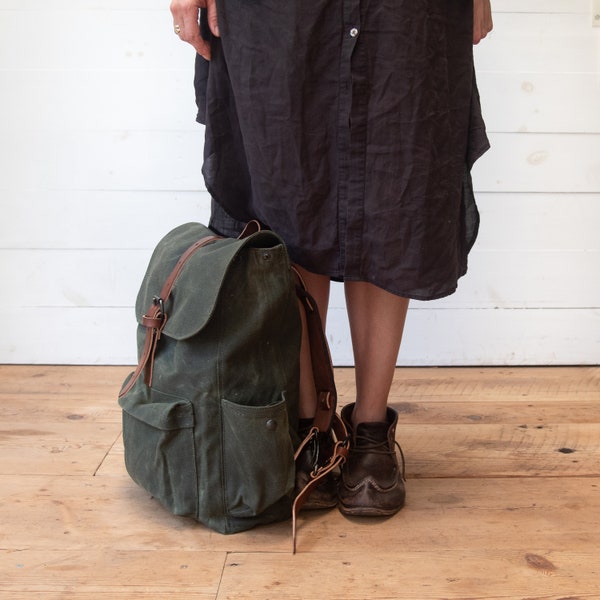Waxed Canvas Backpack with Pockets - LAST CHANCE Rucksack by Peg and Awl | Rogue Backpack with Side Pockets