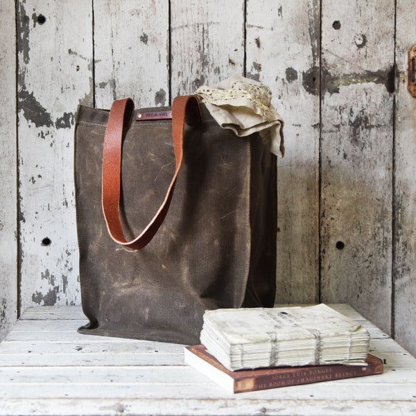 Waxed Canvas Bag, Reusable Grocery Tote, Genderless Shoulder Bag with Leather Handles by Peg and Awl | Marlowe Carryall