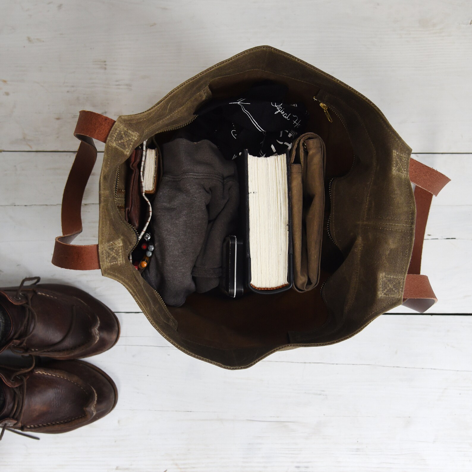 Waxed Canvas Bucket Bag With Leather Straps Shoulder Bag With Etsy