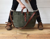 Oversized Bag, Waxed Canvas and Leather Crossbody Bag, Overnight Bag by Peg and Awl | Large Waxed Canvas Tote