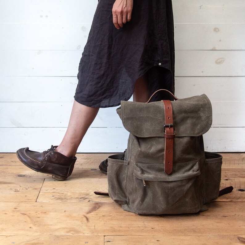 Waxed Canvas Backpack With Pockets Leather and Canvas Etsy