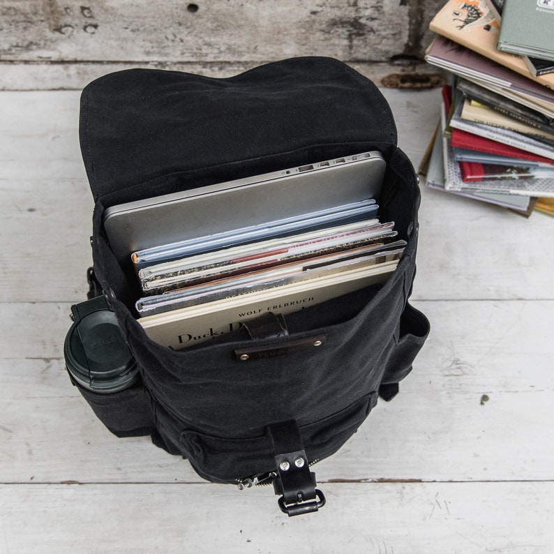 Black Waxed Canvas Backpack with leather straps Black Canvas Etsy