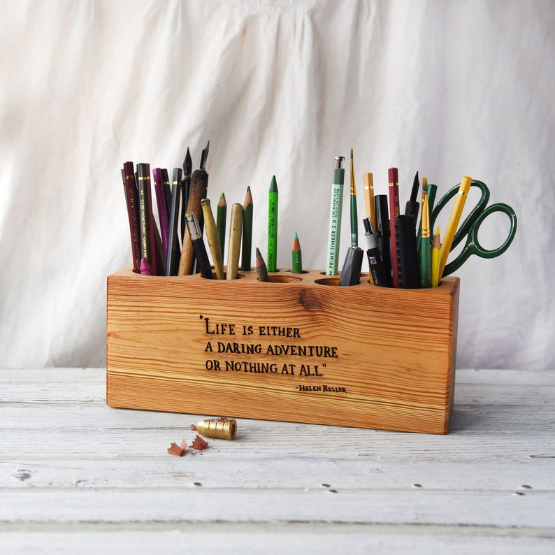 Wood Desk Organizer With Inspirational Quote Pencil Holder Etsy