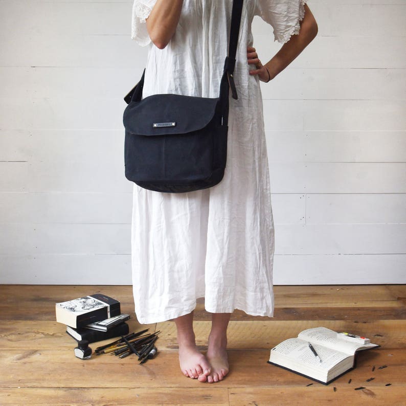 Waxed Canvas Messenger Bag With Leather Strap Black Crossbody Etsy UK