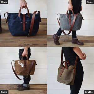 Waxed Canvas Bag with Leather Straps, Genderless Shoulder Bag, Crossbody Bag by Peg and Awl Waxed Canvas Tote image 8