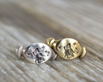 Silver Signet Ring with Wolf and Stars, Stacking Ring, Nature Ring, Zodiac Sterling Silver Ring by Peg and Awl