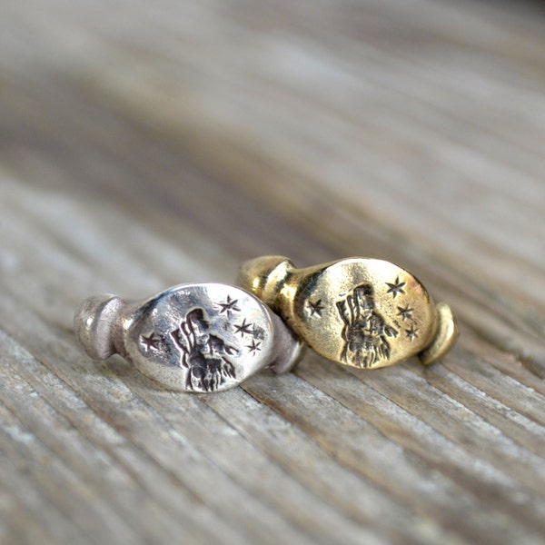 Silver Signet Ring with Wolf and Stars, Stacking Ring, Nature Ring, Zodiac Sterling Silver Ring by Peg and Awl