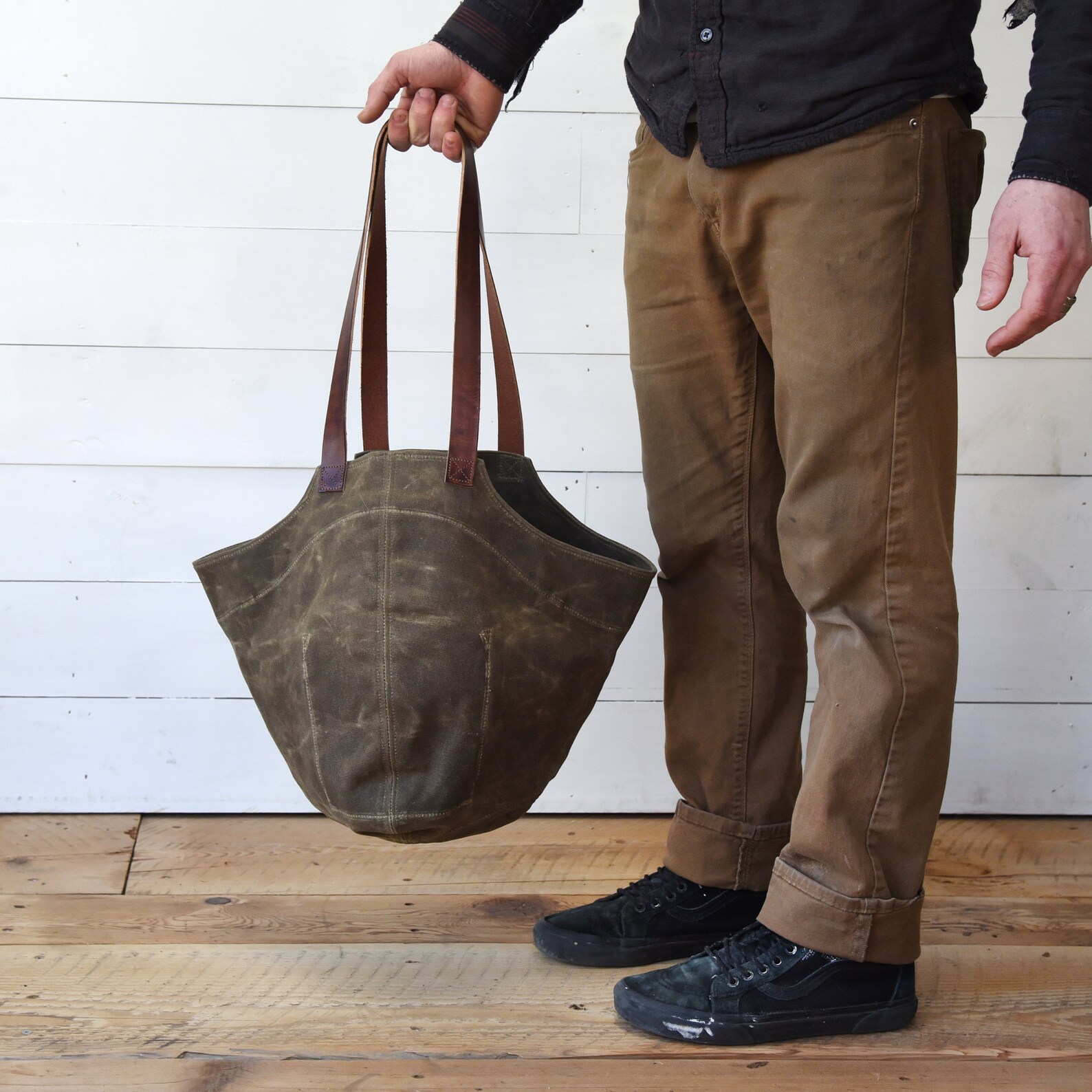 Waxed Canvas Bucket Bag With Leather Straps Shoulder Bag With Etsy