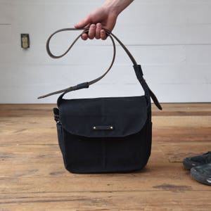 Waxed Canvas Messenger Bag with Leather Strap, Black Crossbody Bag by Peg and Awl All Black Finch Satchel image 3