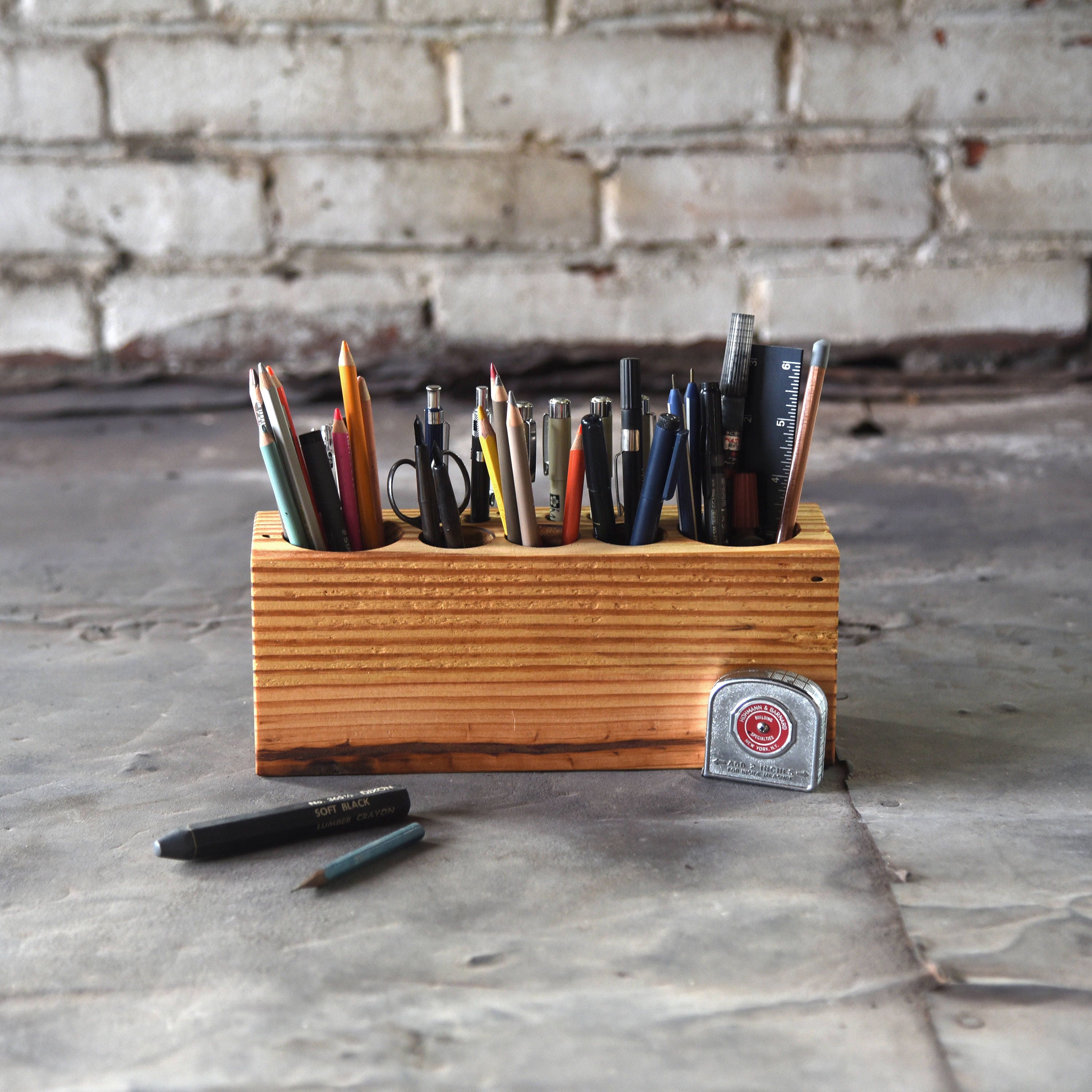 Vintage wood desk pen pencil holder office stationery organizer 2 grids 