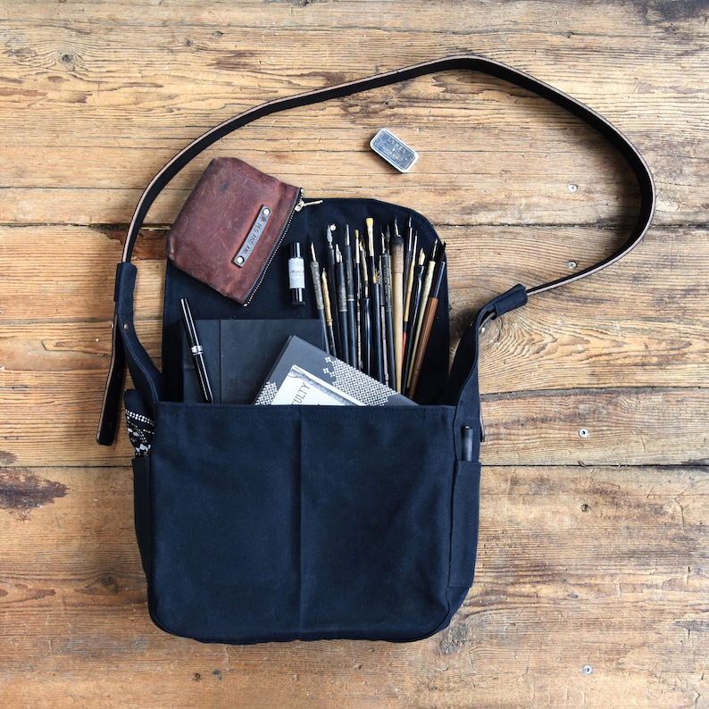 Waxed Canvas Messenger Bag with Leather Strap, Black Crossbody Bag by Peg and Awl All Black Finch Satchel image 1