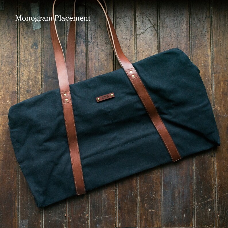 Black Weekender Bag with Leather Straps Waxed Canvas Travel Etsy