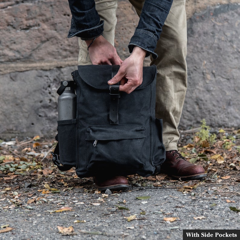Black Waxed Canvas Backpack with leather straps Black Canvas Etsy