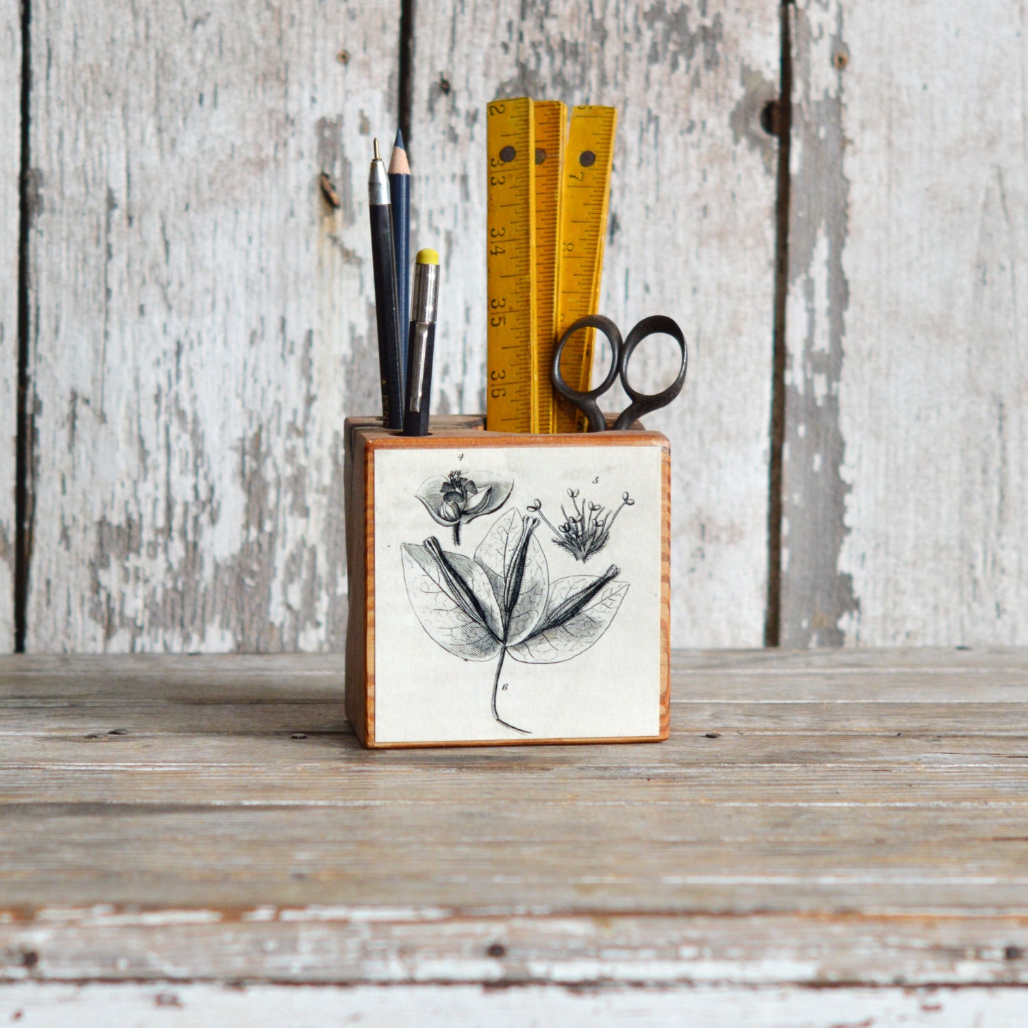 Botanical Wood Desk Caddy, Pencil Holder, Sustainable Organizer Par Peg et Awl