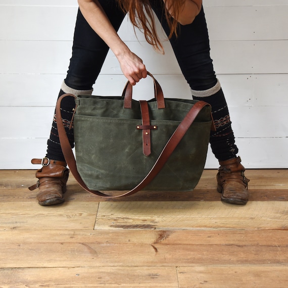 Large Waxed Canvas Tote Bag with Zipper option Crossbody Bag | Etsy