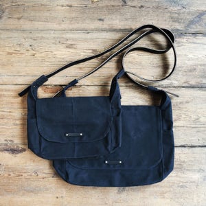 Waxed Canvas Messenger Bag with Leather Strap, Black Crossbody Bag by Peg and Awl All Black Finch Satchel image 8