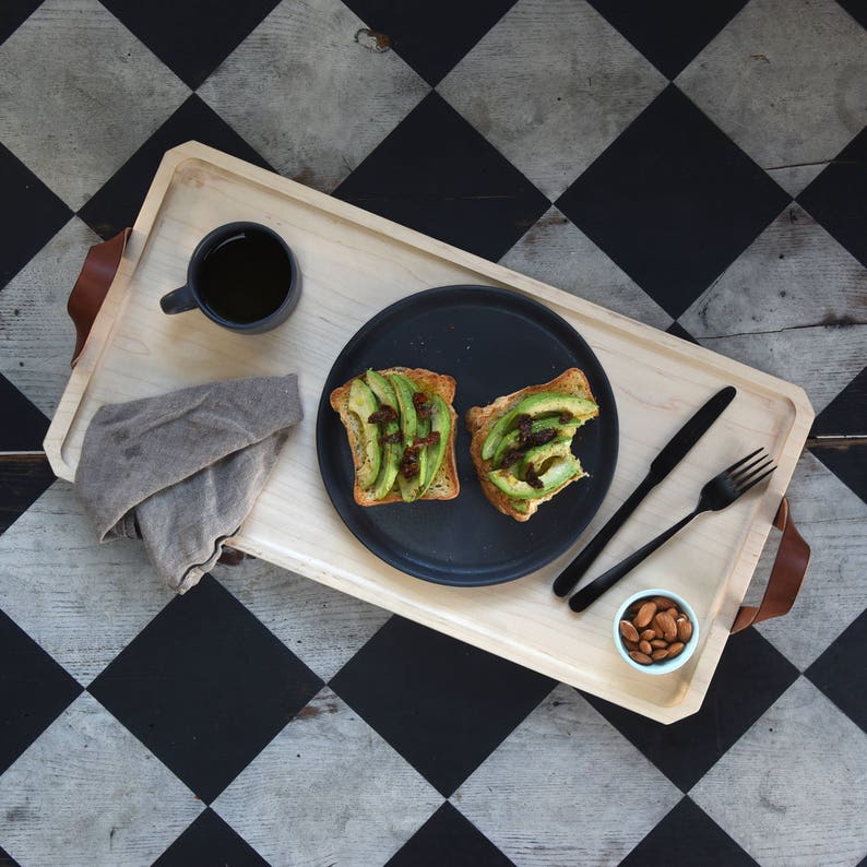 Wood Serving Tray With Leather Handles Breakfast in Bed Tray Etsy